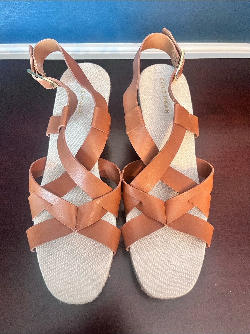 COLE HAAN Women's Crystal Honey Leather Espadrille Wedge Sandals NWOT - Picture 2 of 12